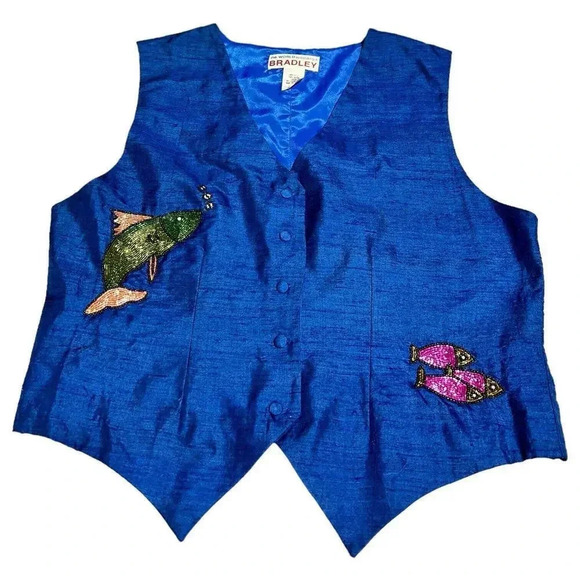 The World According to Bradley 80s Blue Silk Beaded Fish Vntg‎ Vest Size Medium - Picture 1 of 9